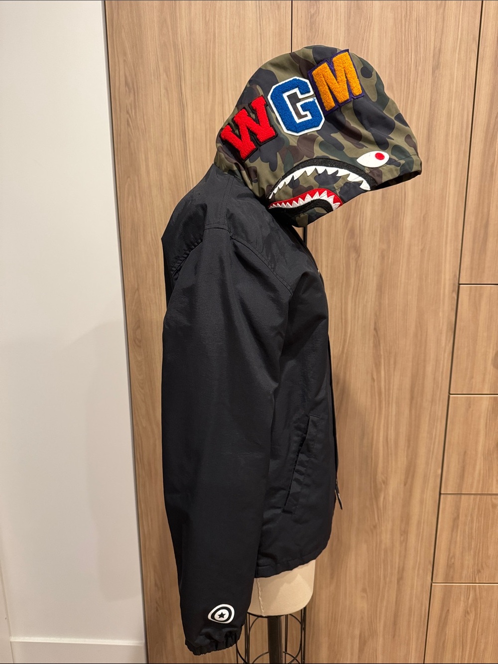 BAPE Black Hooded Jacket with Camo Lined fleece and Colorful Lettering